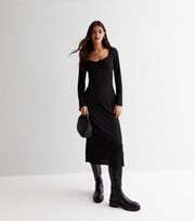 New Look Black Ribbed Ruched Tie Front Long Sleeve Midi Dress